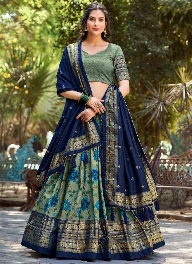 Tussar Silk Sea Green Festival Wear Kalamkari Printed Readymade Lehenga Choli